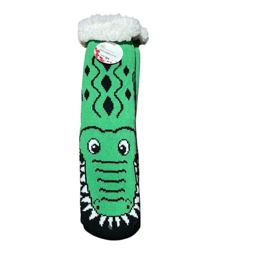 Green Fuzzy Lined Alligator Knit Slipper Socks One Size